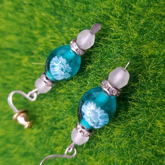 Ocean Cerulean Blue Glass Beaded Earrings Tropical Hawaiian E1004 - Picture 2 of 3